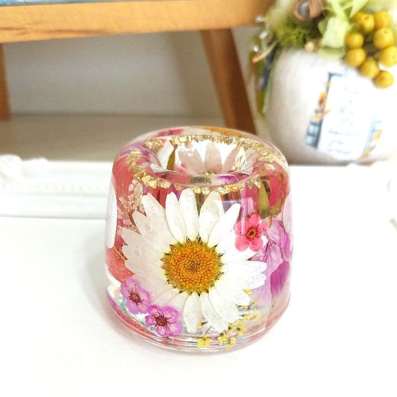 【再版】NO.518 ノースポール＆ピンク系小花in♡固まるハーバリウムペン立て